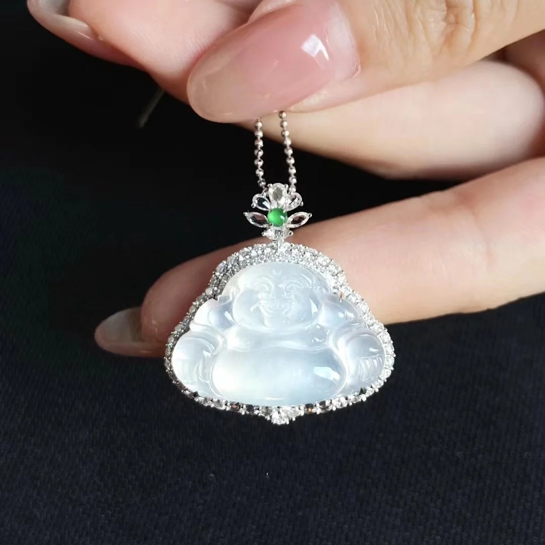 18k gold Natural jadeite ice Buddha pendant exquisite Woman jewelry ornaments Evening party gift