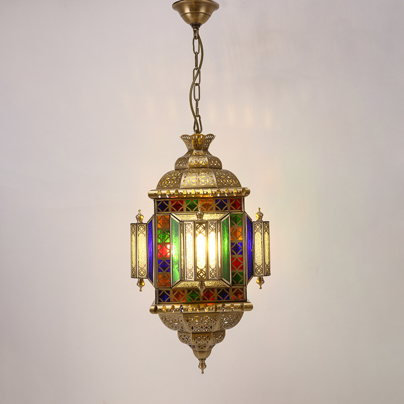 Mosaico Retro Arabian Hanging Ceiling Light Lantern Chandelier with UK Plug Turkish/moroccan Style Pendant Lamp Brass and Glass