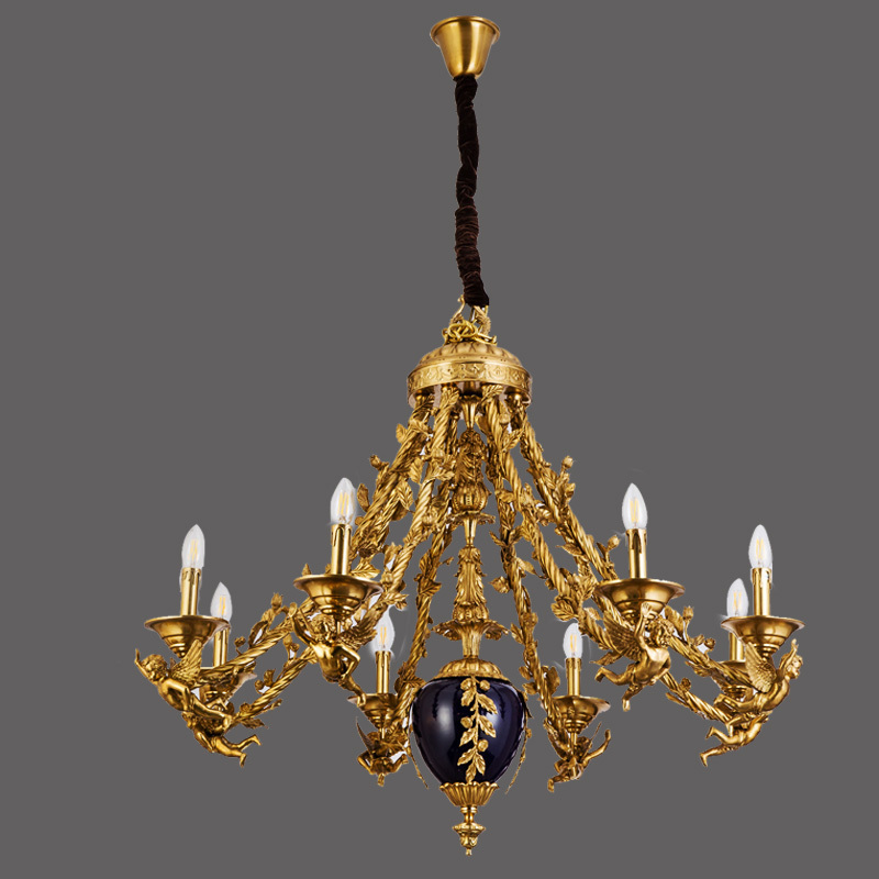 French Style Solid Brass Chandelier Lamp & Royalblue Ceramic Pendant Light Imperial Palace Hanging Lampara Lighting Fixtures