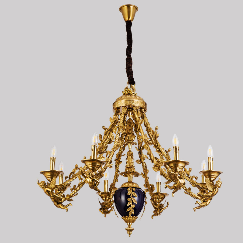 French Style Solid Brass Chandelier Lamp & Royalblue Ceramic Pendant Light Imperial Palace Hanging Lampara Lighting Fixtures