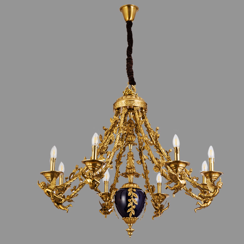 French Style Solid Brass Chandelier Lamp & Royalblue Ceramic Pendant Light Imperial Palace Hanging Lampara Lighting Fixtures