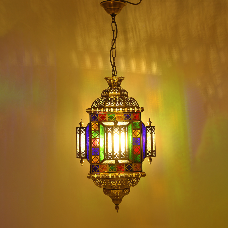 Mosaico Retro Arabian Hanging Ceiling Light Lantern Chandelier with UK Plug Turkish/moroccan Style Pendant Lamp Brass and Glass