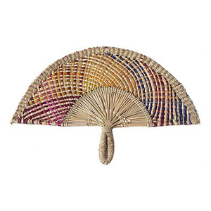 Rainbow colorful handwoven hand fan bamboo rattan seagrass straw seagrass bolga fan from Vietnam