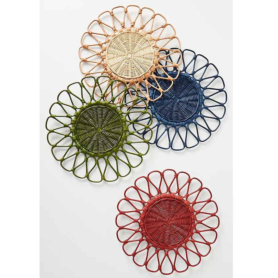 Whitewashed flower shape handmade art decor woven rattan placemats durable rattan plate chargers