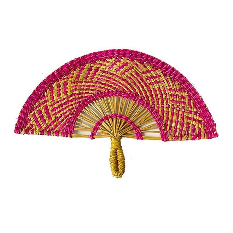 Rainbow colorful handwoven hand fan bamboo rattan seagrass straw seagrass bolga fan from Vietnam