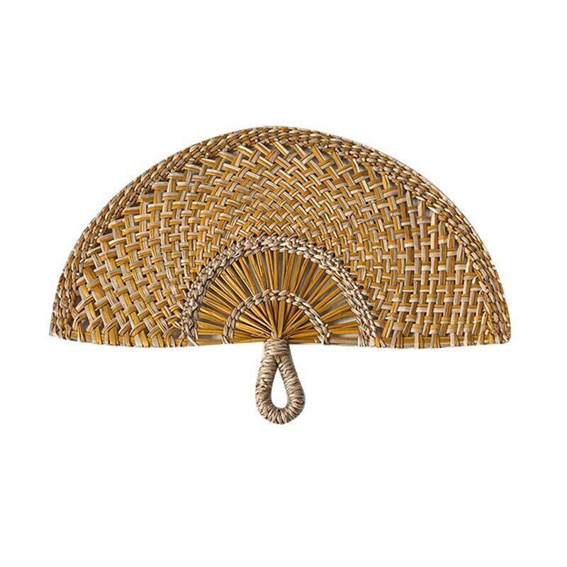 Rainbow colorful handwoven hand fan bamboo rattan seagrass straw seagrass bolga fan from Vietnam