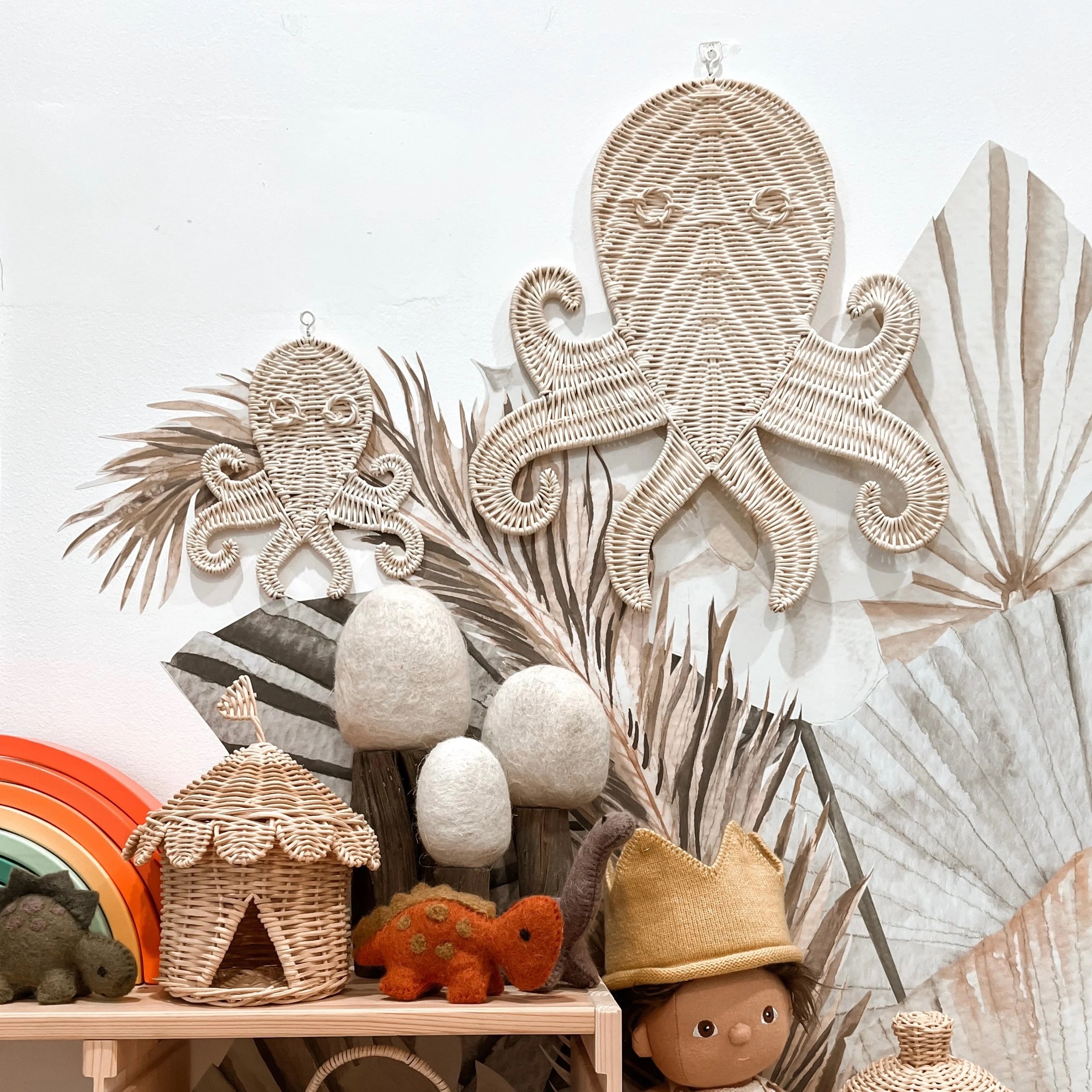 Squid animal theme rattan baby bedroom wall decoration non-toxic natural rattan wall designs home decoration