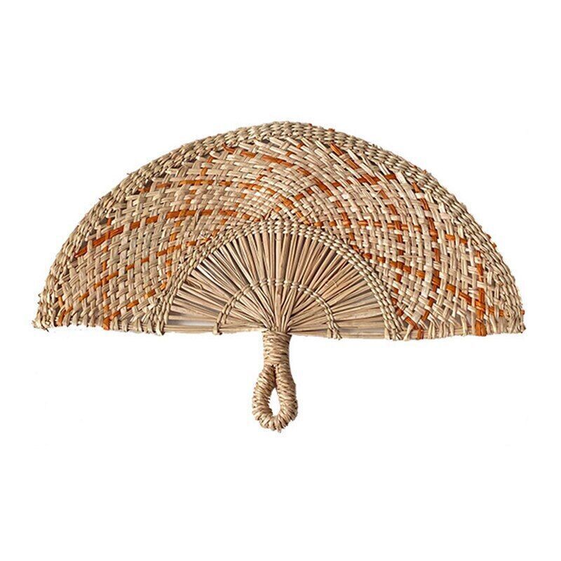 Rainbow colorful handwoven hand fan bamboo rattan seagrass straw seagrass bolga fan from Vietnam