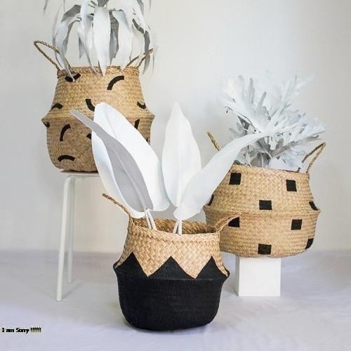 New design handmade solid color white seagrass belly hand woven storage basket collapsible basket