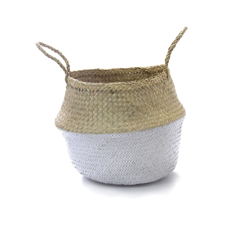 New design handmade solid color white seagrass belly hand woven storage basket collapsible basket