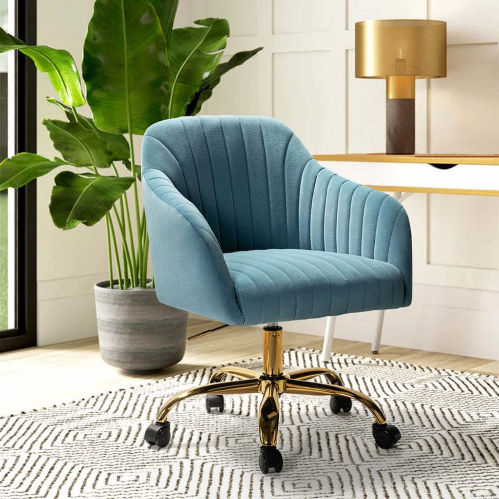 Refined Sky Blue Tufted Velvet Armchair With Golden Legs