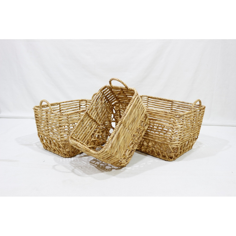 Best Selling Home Decoration Set of 3 Handwoven Rectangle Water Hyacinth Baskets with Handles Made by Vietnam Factory