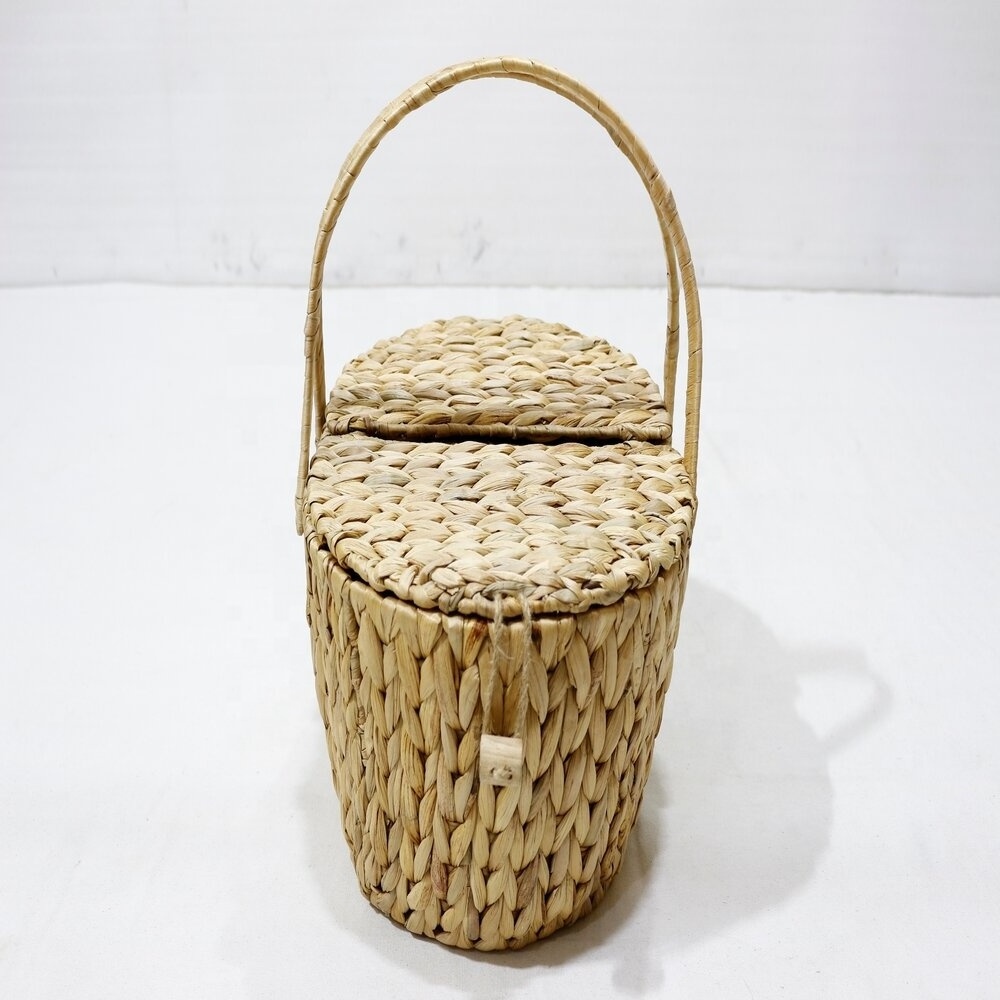 Wholesale Round Water Hyacinth Picnic Basket Shopping Basket with Lid For Outdoor Camping Picnic