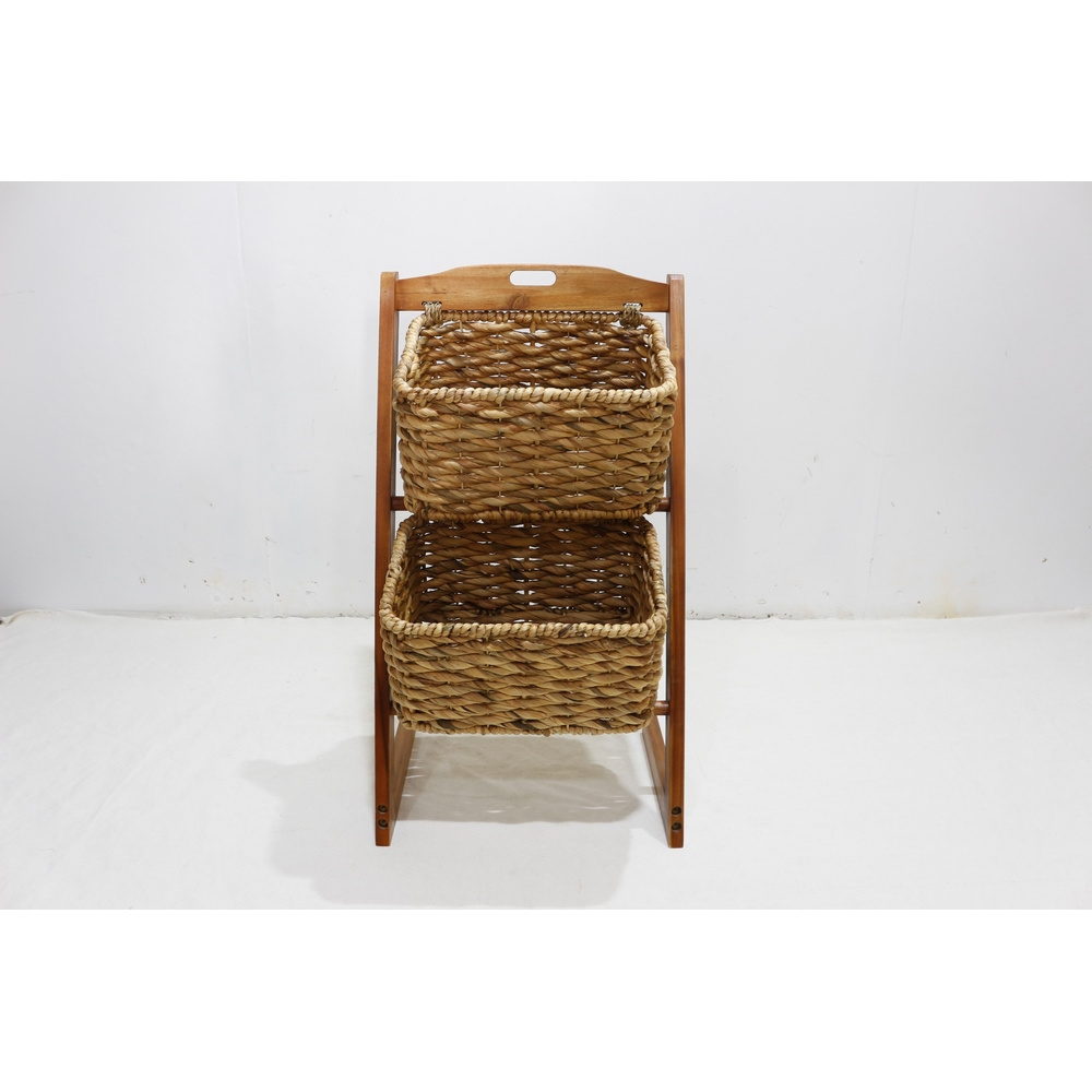 Natural Harmony Solid 3 Tier Storage Caddy Wood Woven Vine Floor Storage Rack Multi-layer Organizer for Toys Handicrafted