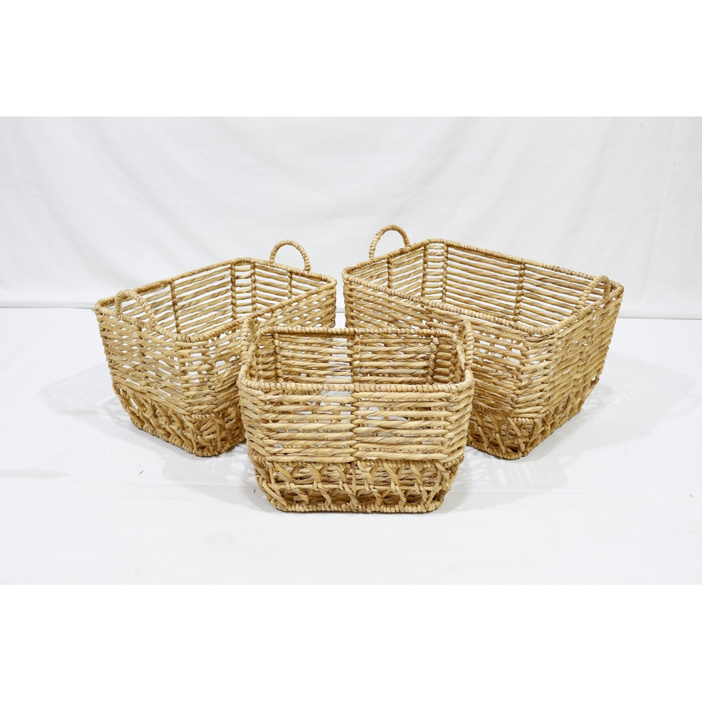 Best Selling Home Decoration Set of 3 Handwoven Rectangle Water Hyacinth Baskets with Handles Made by Vietnam Factory