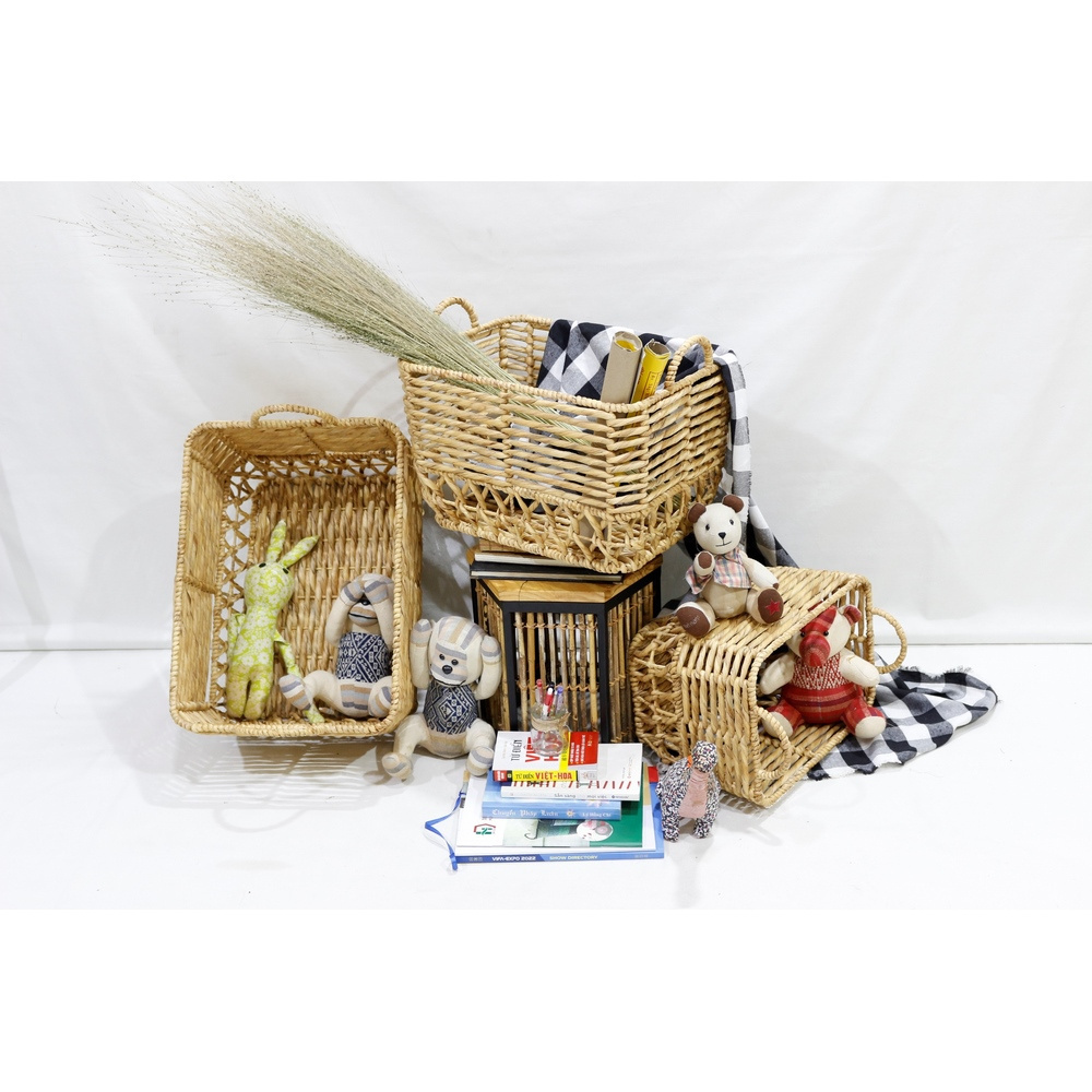 Best Selling Home Decoration Set of 3 Handwoven Rectangle Water Hyacinth Baskets with Handles Made by Vietnam Factory