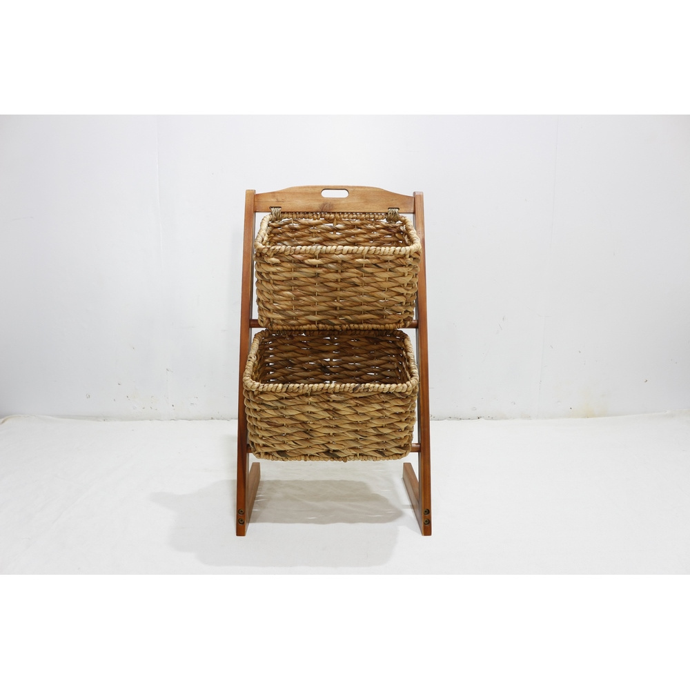 Natural Harmony Solid 3 Tier Storage Caddy Wood Woven Vine Floor Storage Rack Multi-layer Organizer for Toys Handicrafted