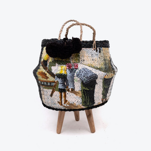 Ethnic design seagrass belly basket foldable also woven hamper plant basket with stand for home decor