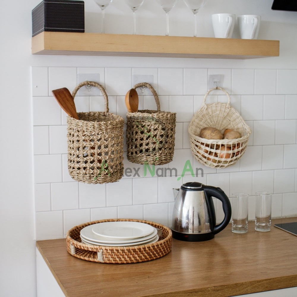 Small seagrass wall hanging storage basket/vintage wicker wall mounted flower basket/woven hanging shelf baskets organizer