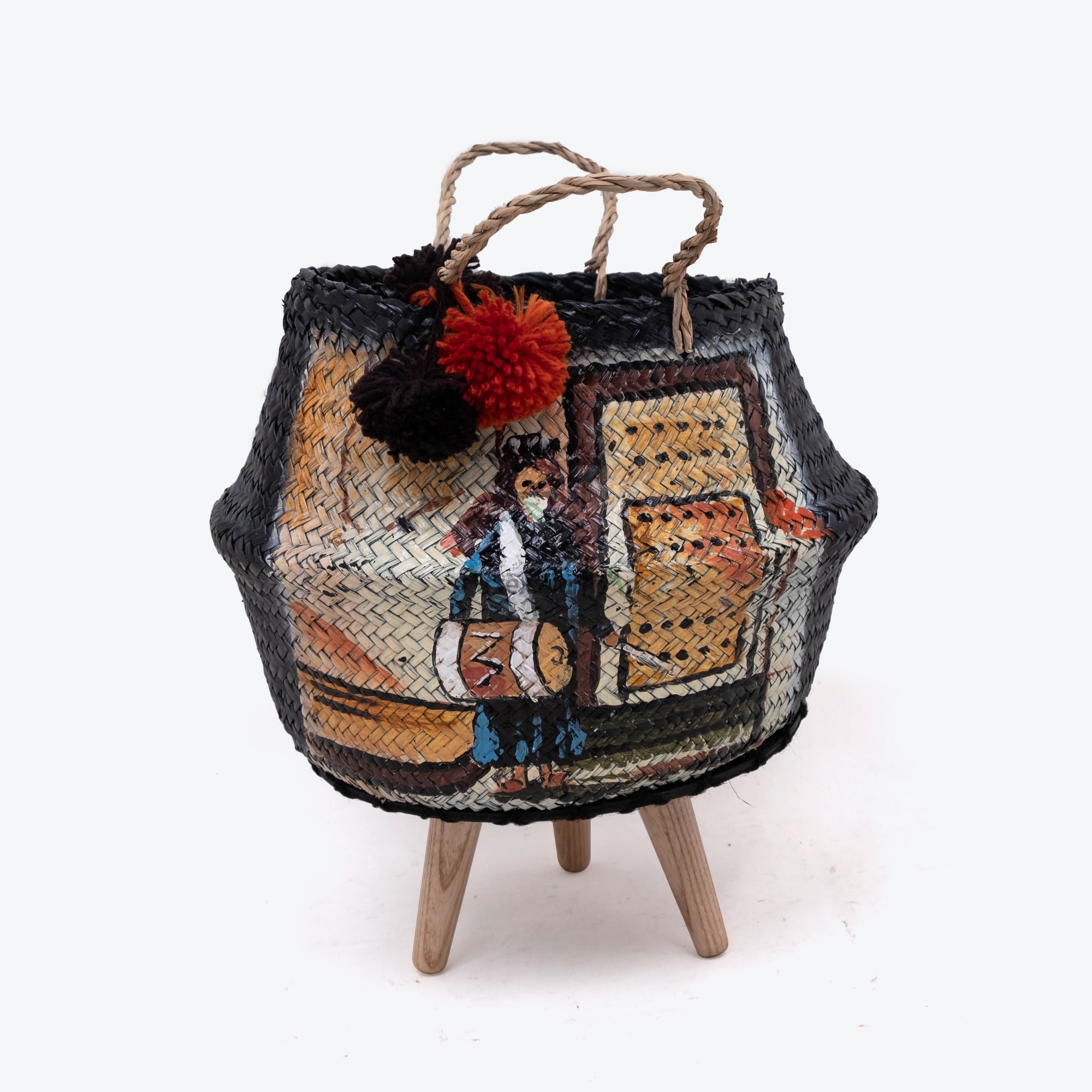 Ethnic design seagrass belly basket foldable also woven hamper plant basket with stand for home decor