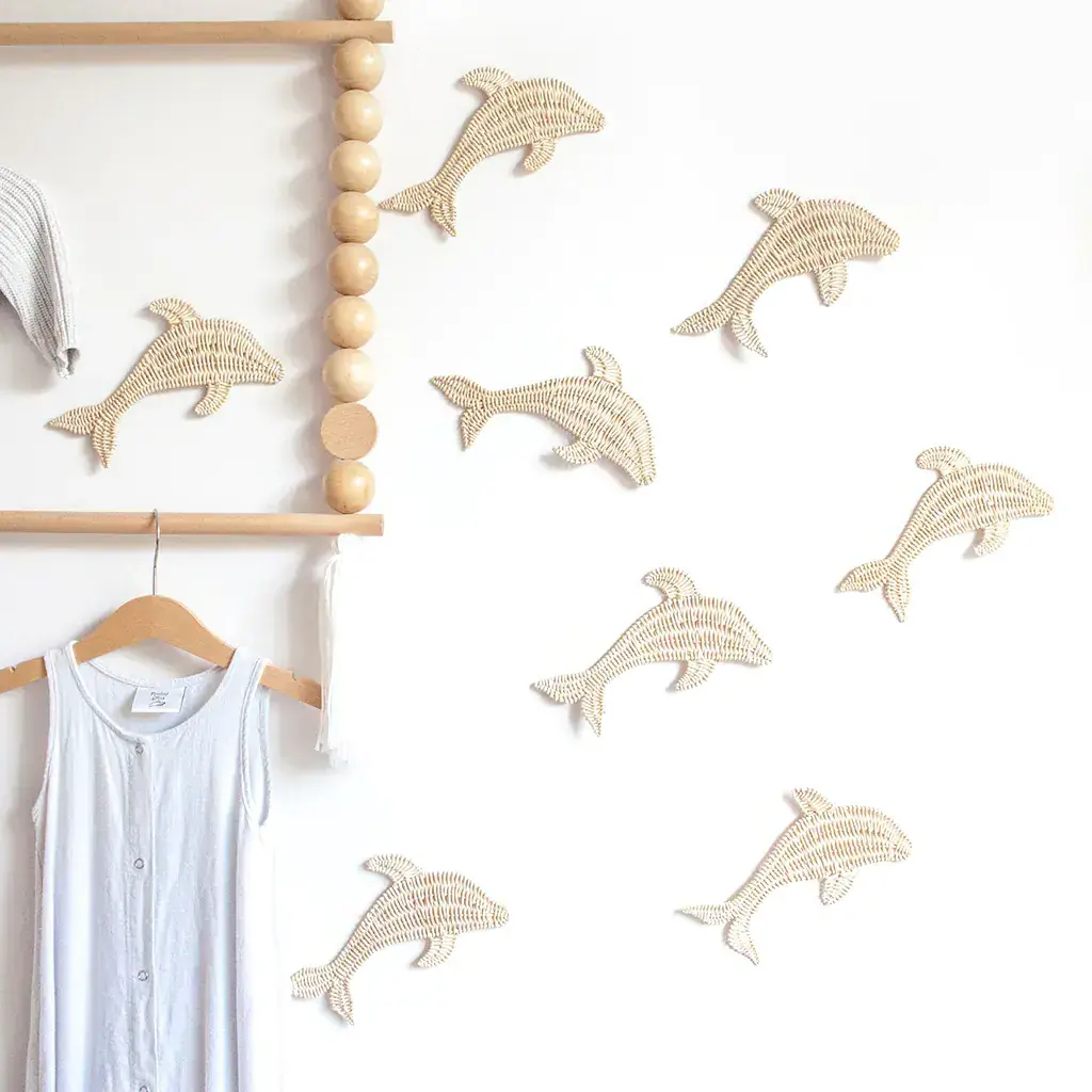 Decoration Nursery Kid Wall Art Hanging Natural Rattan Dolphin Wall Decal Set Boho Baby Girl Nursery Wall Decor