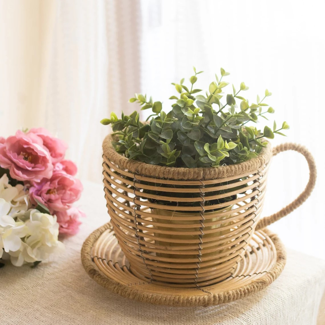 Tea Cup Planter Tea Cup Shape Basket Ecofriendly basket Rattan Cute Indoor planter plants and pots for Home decor