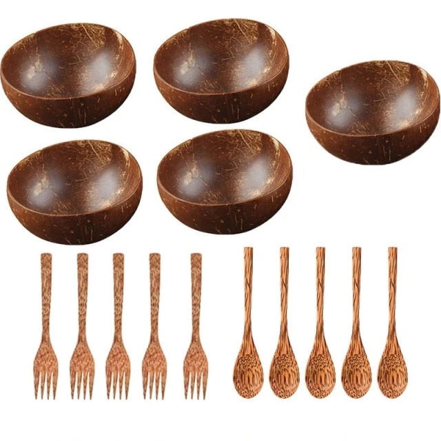 Set polished coconut bowls with dark spoons coconut shell bowls set for family Vietnam coconut bowl wholesale