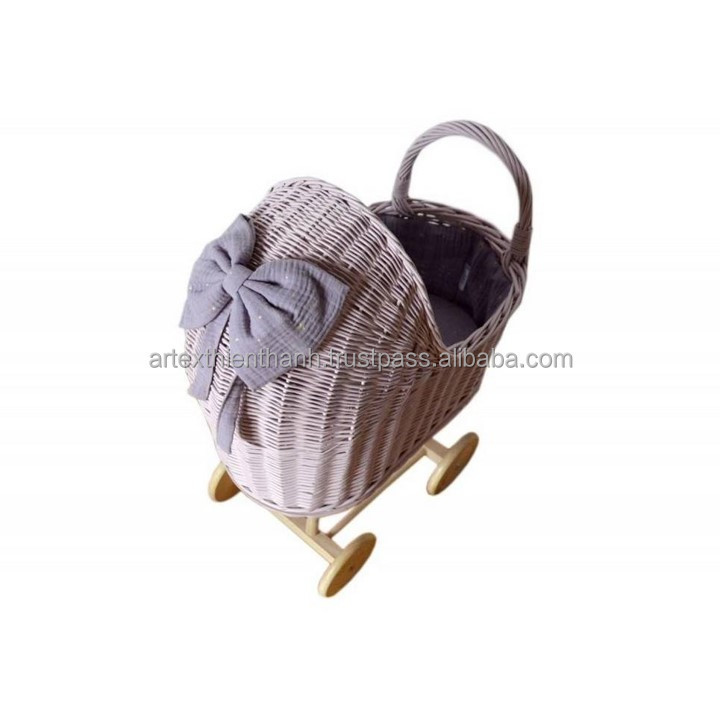 Baby Walker Doll Wicker Stroller Buggy Carriage Rattan Doll Pram With Wheels Kids Room Decoration Retro Woven Toddler Carriers