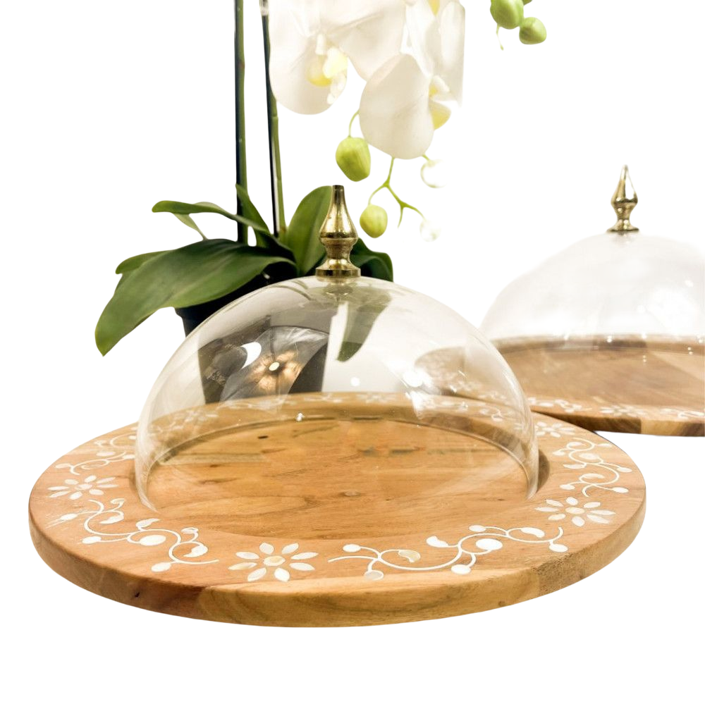 Mother of pearl inlay Wooden MOP Plate Food and Fruit Trays Round Serving Tray with Acrylic Lid Arabian Eid Ramadan Gifts