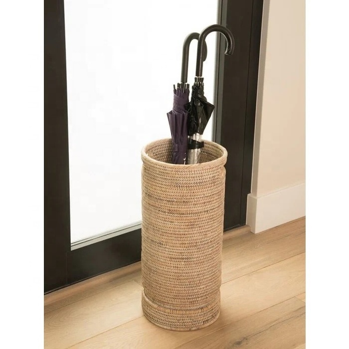 Whitewash Rattan Umbrella Stand Multifunctional Umbrella Storage Bucket and Umbrella Basket Storage Rack