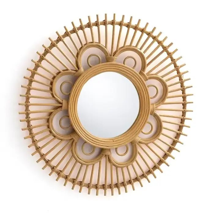 High Quality Eye Catching Handmade Sunflower Natural Rattan Mirror Wall Hanging Mirror for bedroom living room decor