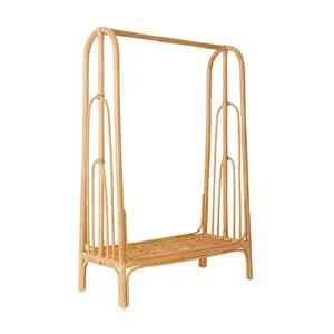 Natural Rattan Clothes Rack Wicker Rattan Clothes Stand Rack With Top Rod And Lower Storage Clothing Rack For Indoor Bedroom