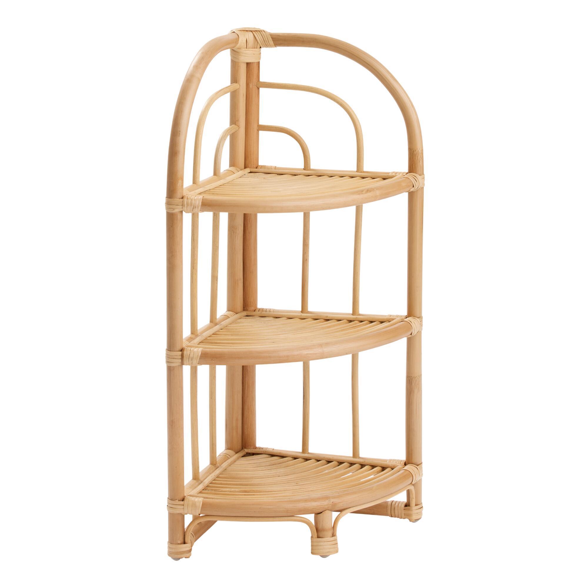 Natural Rattan Corner Shelf Wicker Rattan Floor Shelf Handwoven Rattan Display Shelf And Rack For Home Storage Organization