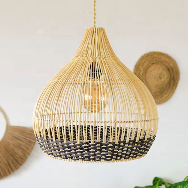 Handmade Wicker Rattan Pendant Lampshade Dark Brown Boho Hanging Light Hand Woven Chandelier