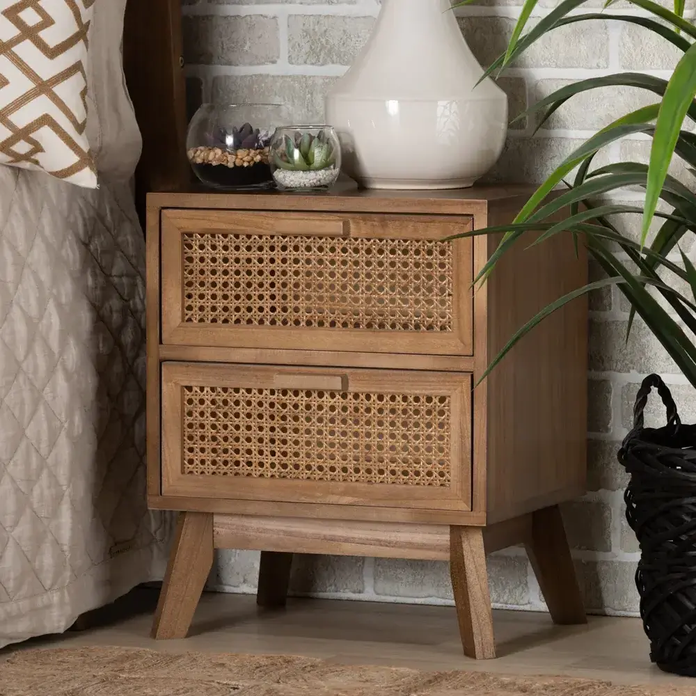 New Arrival Wood Brown 2-Drawer End Table With Rattan Mid-Century Wooden Cabinet With Rattan