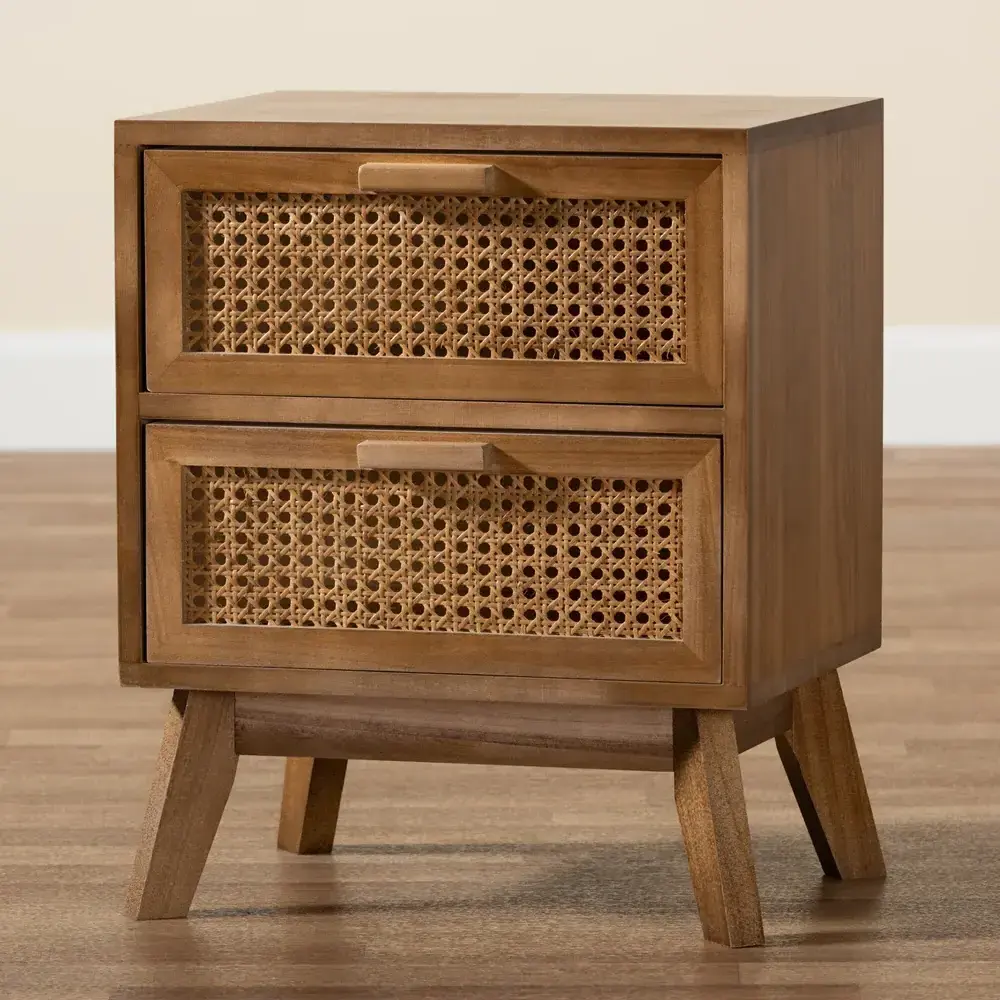 New Arrival Wood Brown 2-Drawer End Table With Rattan Mid-Century Wooden Cabinet With Rattan