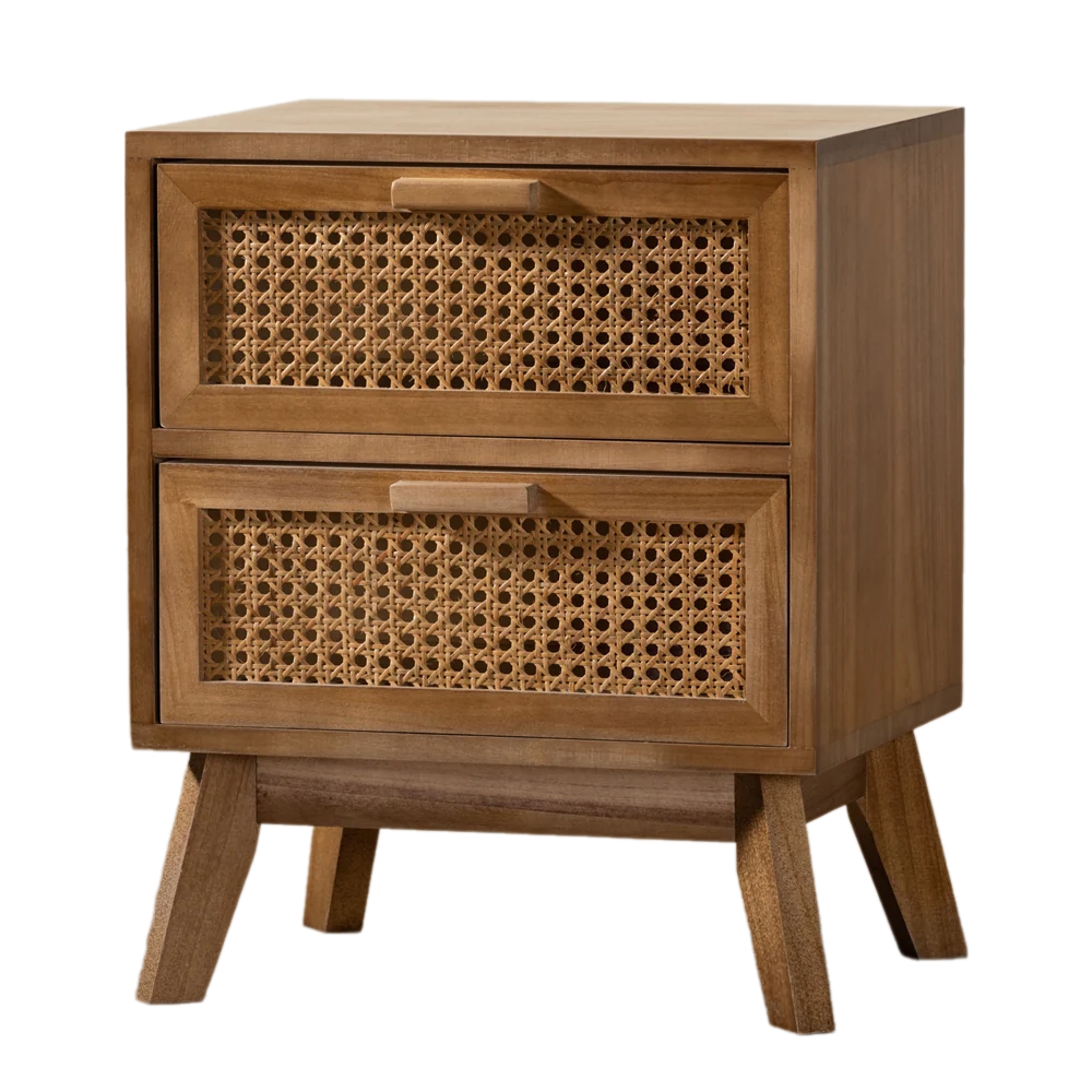 New Arrival Wood Brown 2-Drawer End Table With Rattan Mid-Century Wooden Cabinet With Rattan