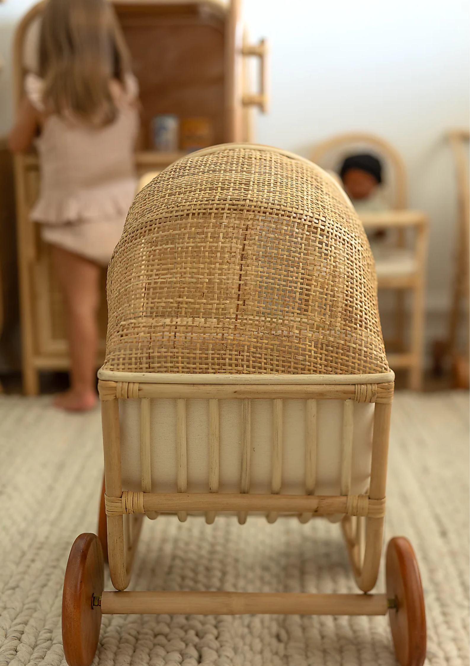 Best Seller Rattan Look Wicker Doll Stroller Handmade Doll Trolley Baby Stroller Wheels For Kid