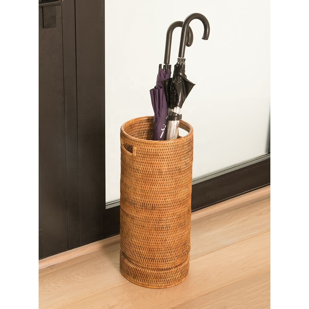 Natural Decorative Bamboo Rattan Umbrella Holder Stand for Indoor and Outdoor Round Rattan Umbrella Holder Handmade