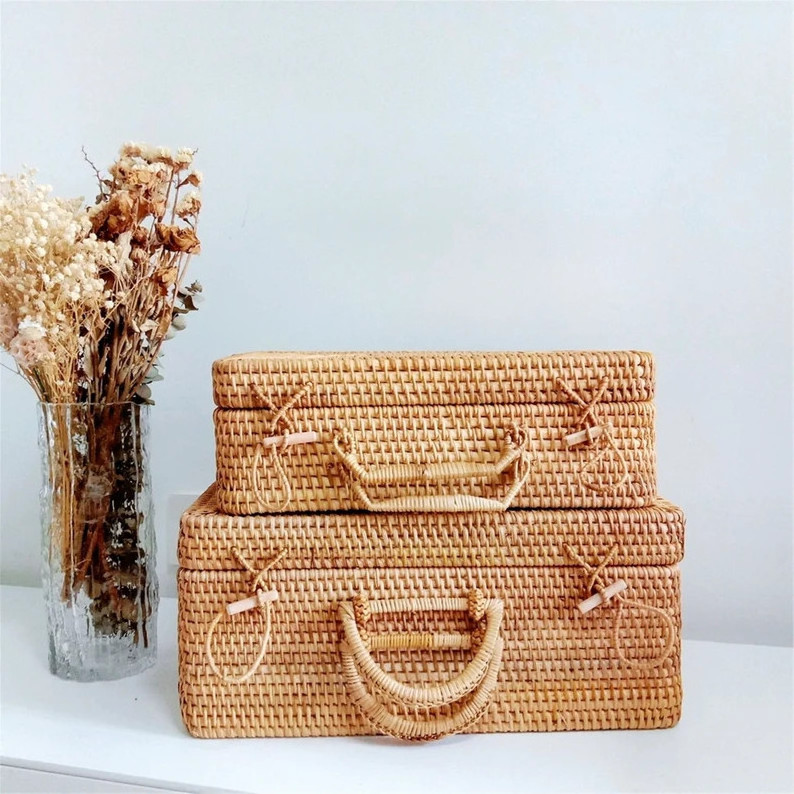 Handmade rattan woven basket with handle decor fruit vegetable bread basket desktop cosmetics storage box housewarming gift