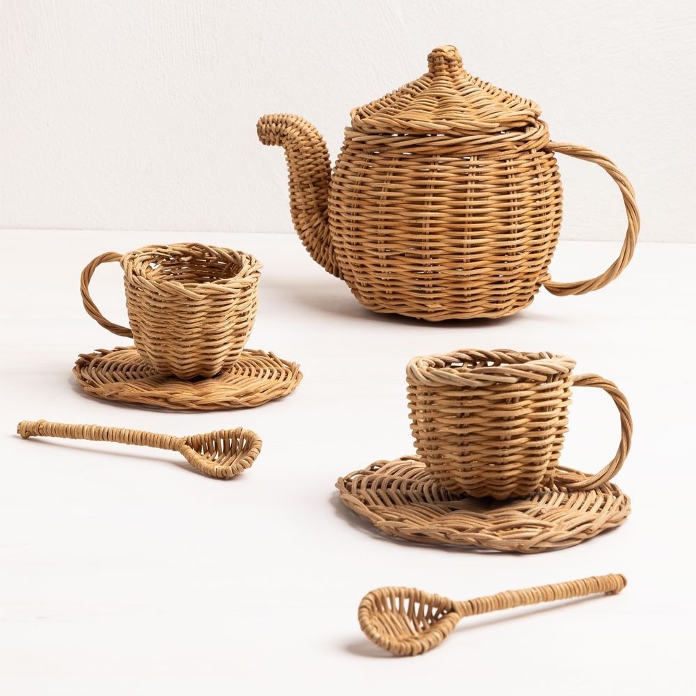 Kitchen And Pretend Play Natural Rattan Tea Set Bohemian Nursery Toys Toddler Gift Tea Set Kid Montessori Toys For Kids