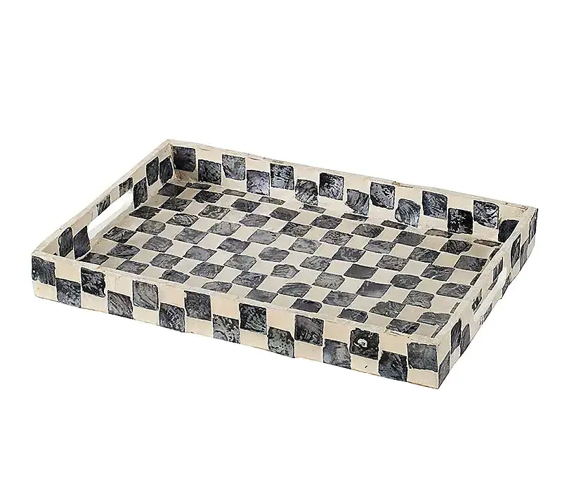 Hot trend Rectangle serving tray with plaid pattern Mother of pearl serving tray handle for fruit and chocolate display