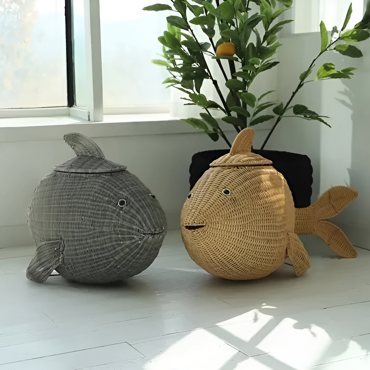 Colorful Ecofriendly Rattan Basket With Fish Shaped Special Design Cute Storage Laundry Basket For Kids' Furniture Decoration