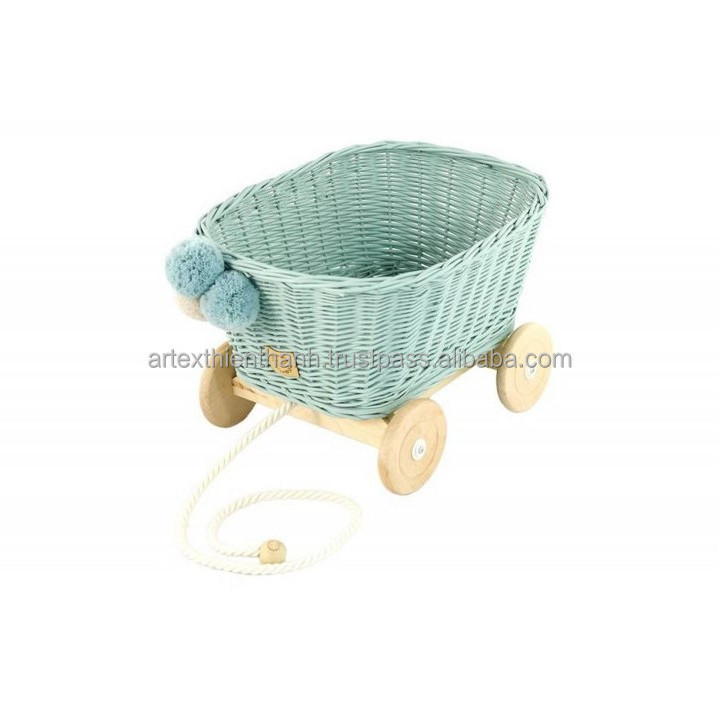 Best selling  Dirty Mint Wicker Pull Cart Baby Toddler Toys Rattan Doll Prams Rattan Wicker Stroller handmade in Vietnam