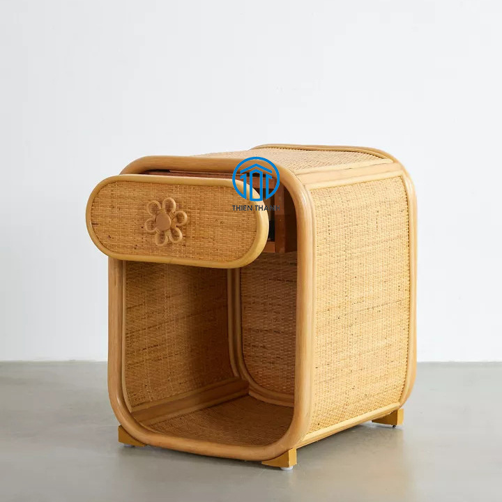 Exotic Coastal Vibes Truly Unique Spacious Drawer Accented With A Flower Shaped Pull Rattan Night Stand Side Table Cabinet