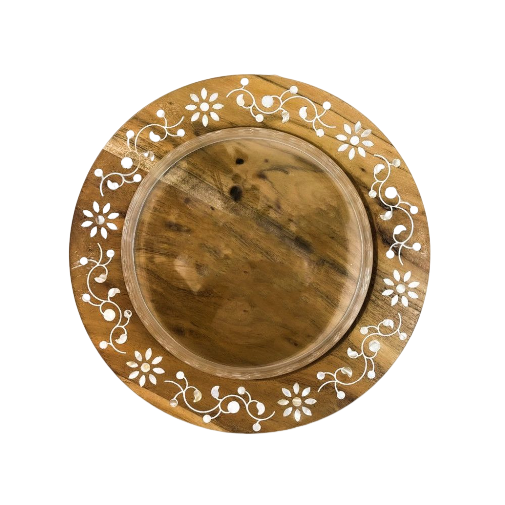 Mother of pearl inlay Wooden MOP Plate Food and Fruit Trays Round Serving Tray with Acrylic Lid Arabian Eid Ramadan Gifts