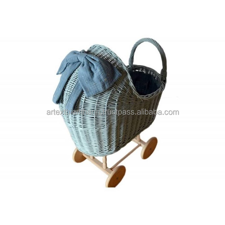 Baby Walker Doll Wicker Stroller Buggy Carriage Rattan Doll Pram With Wheels Kids Room Decoration Retro Woven Toddler Carriers