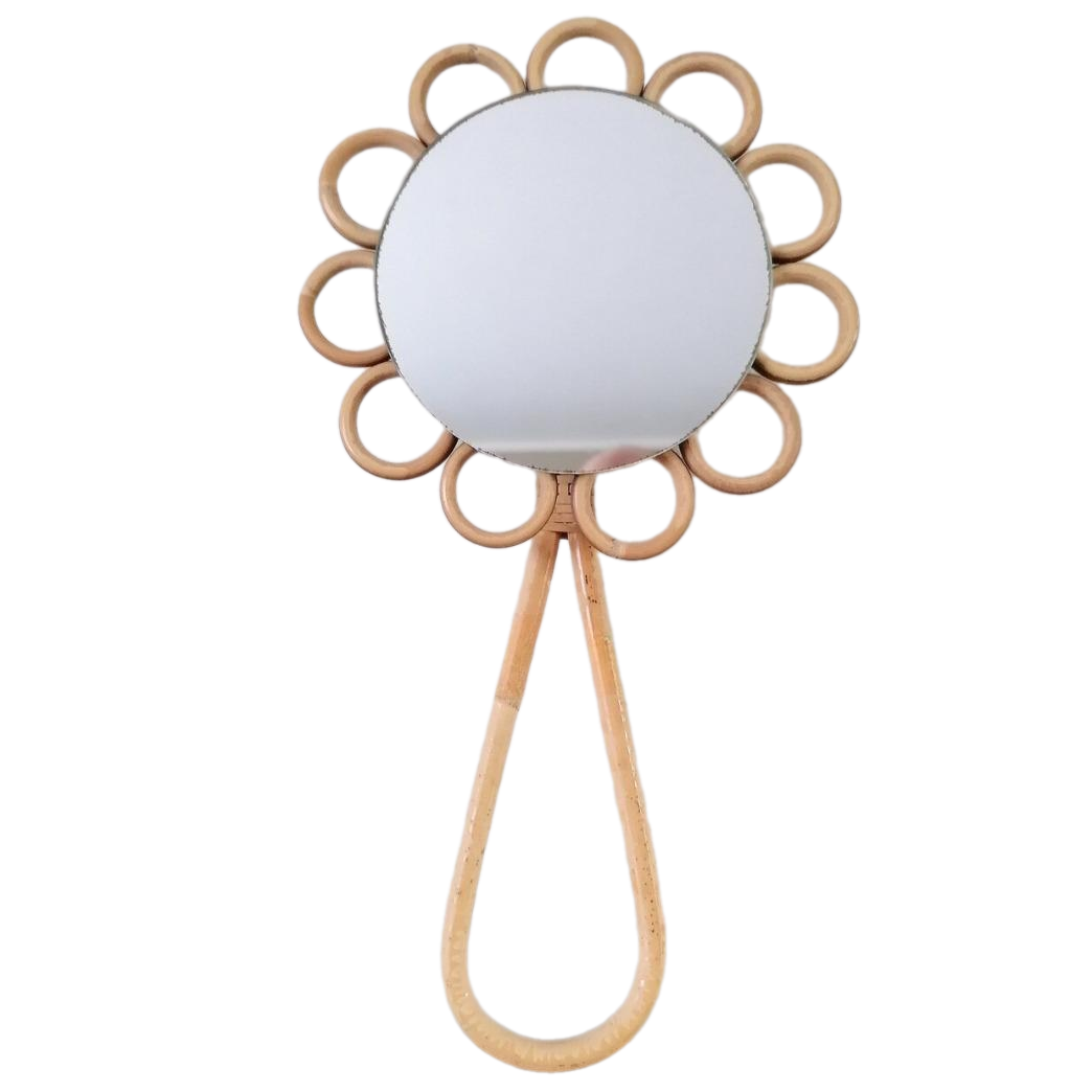 Unique Design Rattan Daisy Mirror Adorable Rattan Flower Shape Handheld Mirror For Kids Accessories Wall Decor