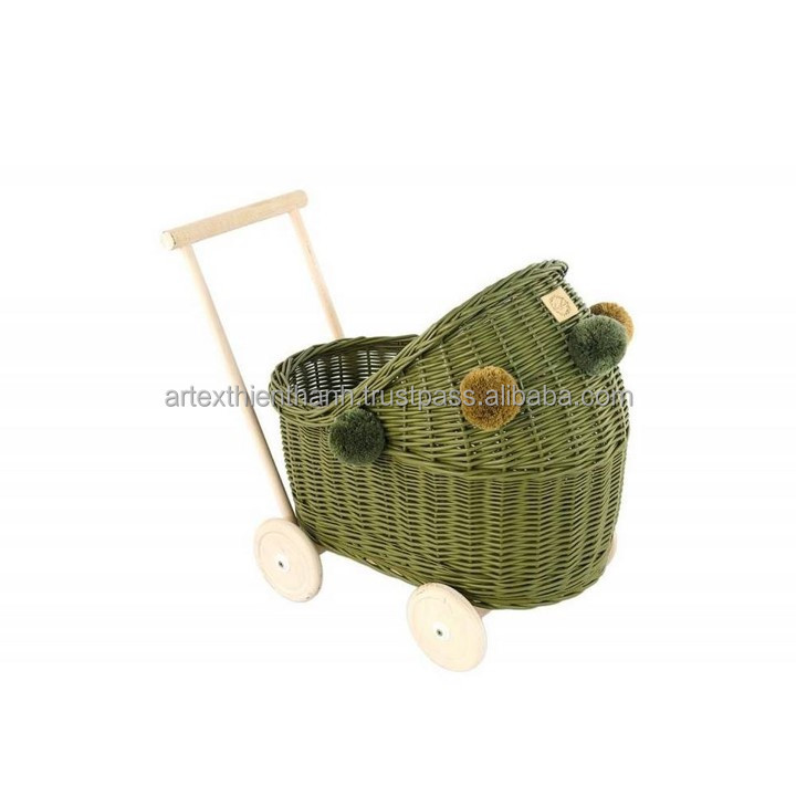 Nice Looking Dirty Mint Wicker Pull Cart  Baby Toddler Toys Rattan Doll Prams Rattan Wicker Stroller handmade in Vietnam