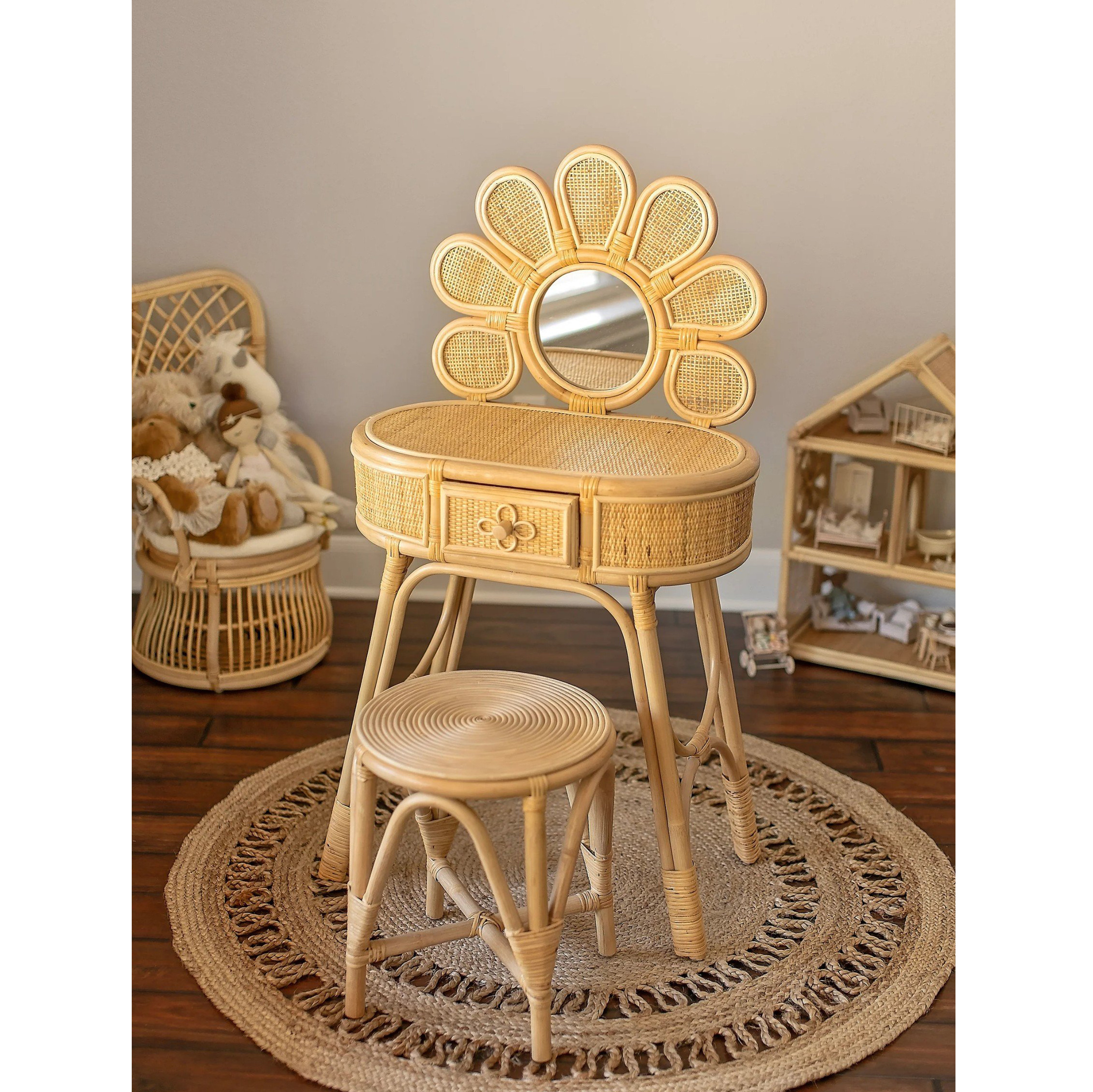 Hot selling High Quality Daisy Children's Vanity Set Rattan Vanity Table with Drawers Dressing Table with Mirror for Kids